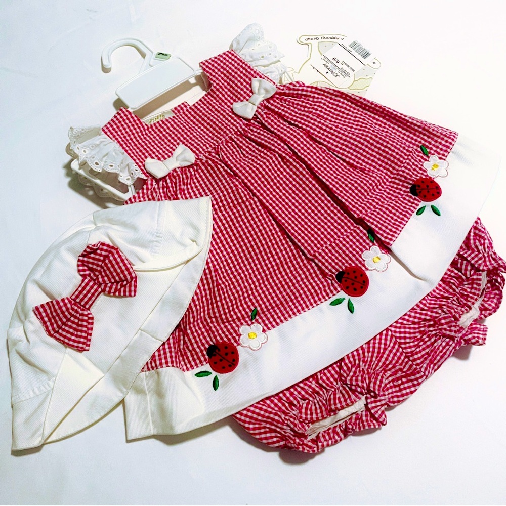 Baby Girl Sz 6-9M Red & White Seersucker Lady Bug Matching Set With Hat
